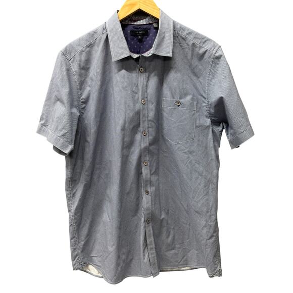 Ted Baker Shirt Mens 6 US 44 Blue Herringbone Pearl Buttons Contrast Trim Slim - Picture 1 of 10